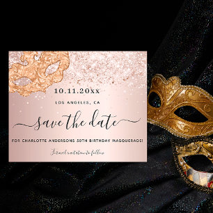 Budget masqueradefeest rose goud save the date