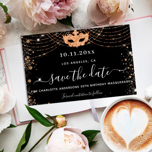 Budget masqueradefeestje zwart goud save the date