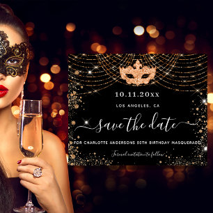 Budget masqueradefeestje zwart goud save the date