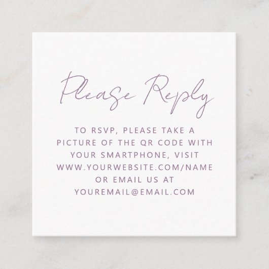 Budget Mauve Script Wedding QR Code RSVP Informatiekaartje (Voorkant)
