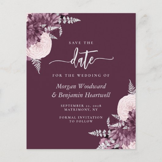 Budget Mauve Silver Floral Save the Date (Voorkant)