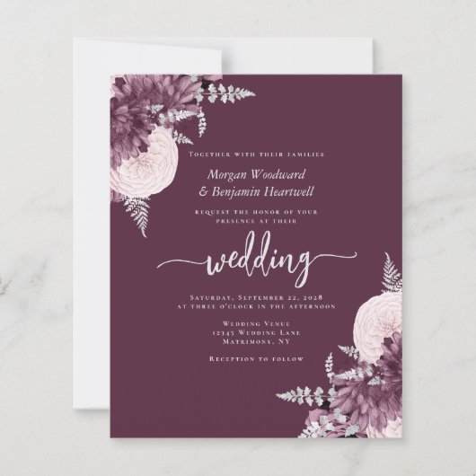 Budget Mauve Silver Floral Wedding Invite (Voorkant)