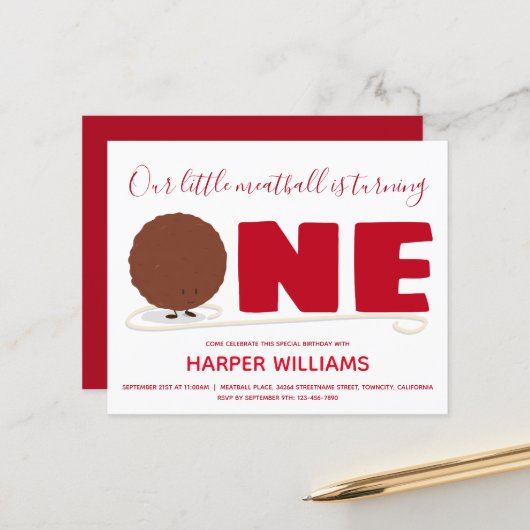 Budget Meatball One 1e Baby 1e verjaardag Uitnodig (Voorkant / Achterkant in situ)