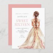 Budget Meisje in Roze Bow Gown Sweet 16 uitnodigen (Voorkant / Achterkant)
