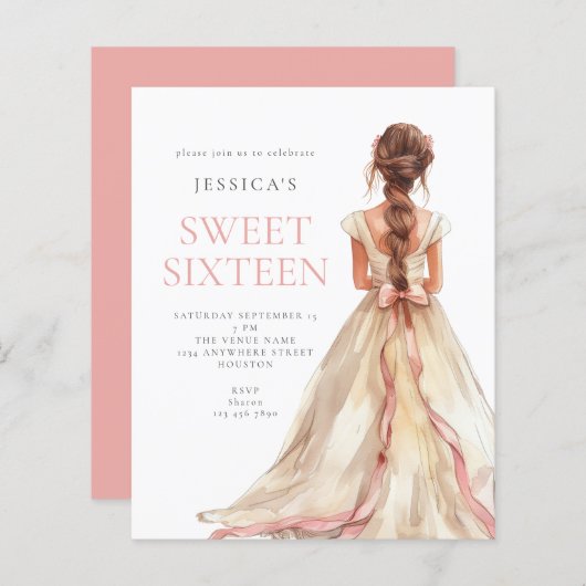Budget Meisje in Roze Bow Gown Sweet 16 uitnodigen (Voorkant / Achterkant)