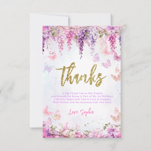 BUDGET Meisjesachtige Wisteria Gouden Vlinder Kind Bedankkaart (Voorkant)