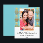 Budget Mele Kalikimaka - kerstfotokaart<br><div class="desc">Budget Mele Kalikimaka Faux Folie Gold en Aqua Blue Pineapple Kerstblauw Fotokaart. Deze Hawaiiaanse kerstkaart is perfect voor een tropische kerstkaart.</div>