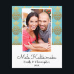 Budget Mele Kalikimaka - kerstfotokaart Flyer<br><div class="desc">Budget Mele Kalikimaka Faux Folie Gold en Aqua Blue Pineapple Kerstblauw Fotokaart. Deze Hawaiiaanse kerstkaart is perfect voor een tropische kerstkaart.</div>