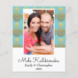 Budget Mele Kalikimaka - kerstfotokaart Flyer<br><div class="desc">Budget Mele Kalikimaka Faux Folie Gold en Aqua Blue Pineapple Kerstblauw Fotokaart. Deze Hawaiiaanse kerstkaart is perfect voor een tropische kerstkaart.</div>