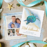 Budget Mele Kalikimaka Zee Turtle Beach Fotokaart<br><div class="desc">Bespaar geld met deze budget kustthema kerstkaarten, op een goedkoper papier en iets kleiner formaat. Het tropische strandontwerp heeft een waterverf turquoise blauwe zeeen schildpad op een abstracte strandachtergrond met een faux gouden glitter sparkly wave en Mele Kalikimaka script. Op de achterkant zijn 3 fotosjablonen om de kaarten eenvoudig te...</div>