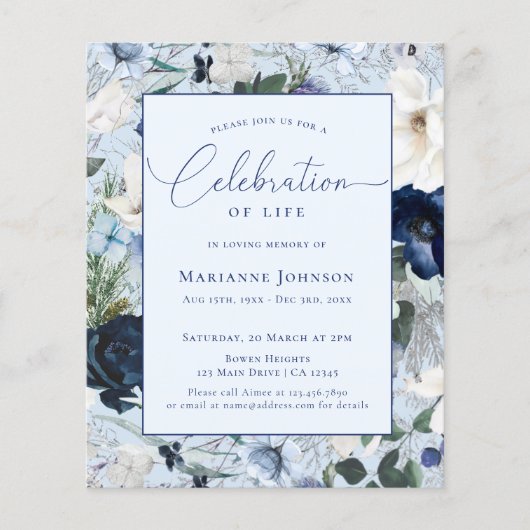 Budget Memorial Blauw Bloemen Viering van het leve (Voorkant)