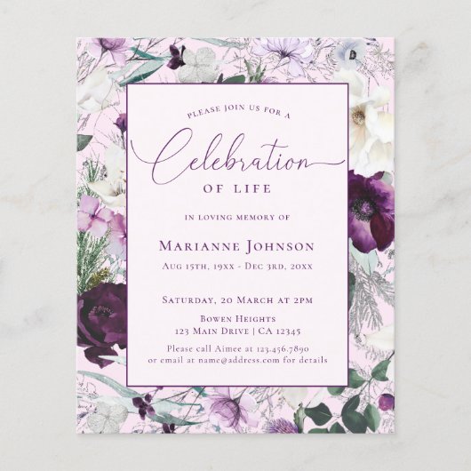 Budget Memorial Roze Bloemen Viering van het Leven (Voorkant)