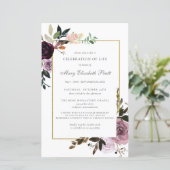 Budget Memorial Service Paarse Floral Uitnodiging (Staand voorkant)