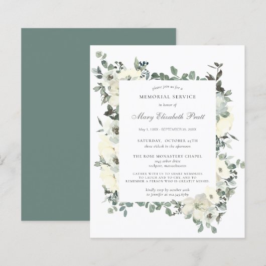 Budget Memorial Service White Floral Invitation (Voorkant / Achterkant)