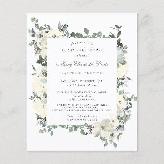 Budget Memorial Service White Floral Invitation (Voorkant)