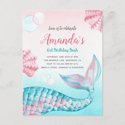 Budget Mermaid waterverf Birthday Uitnodiging (Voorkant)