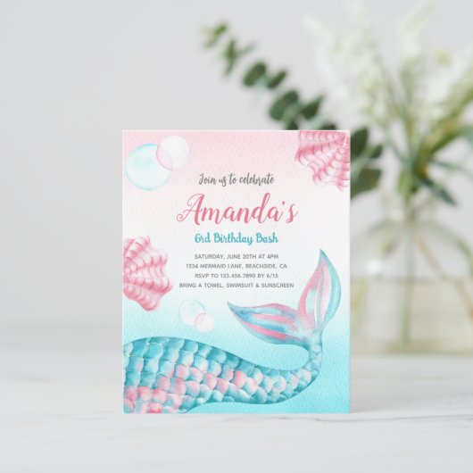 Budget Mermaid waterverf Birthday Uitnodiging (Staand voorkant)