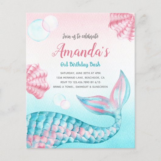 Budget Mermaid waterverf Birthday Uitnodiging (Voorkant)