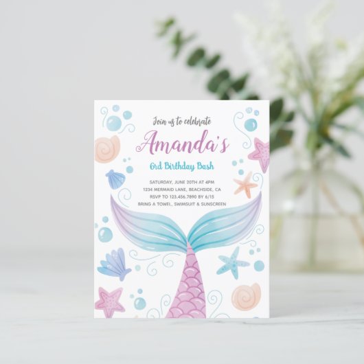 Budget Mermaid waterverf Birthday Uitnodiging (Staand voorkant)