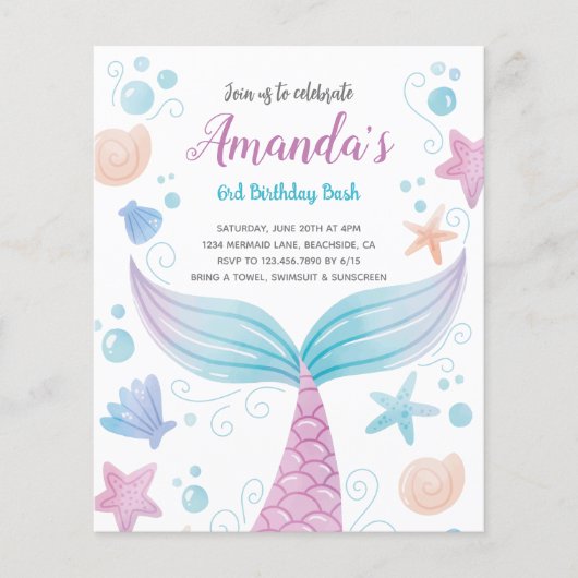 Budget Mermaid waterverf Birthday Uitnodiging (Voorkant)
