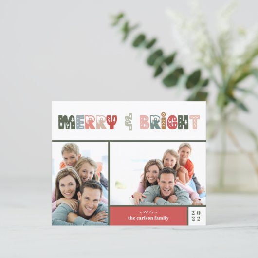 Budget Merry and Bright Photo Holiday Kaart (Staand voorkant)
