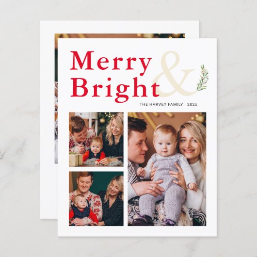 Budget Merry and Bright Typography Photo Card (Voorkant / Achterkant)