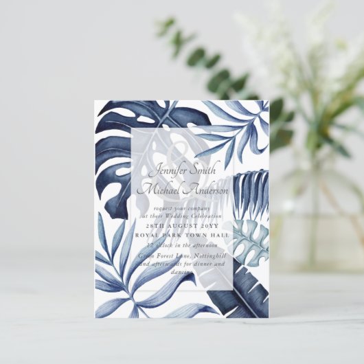 Budget Midnight Blue Bladeren Trouw Uitnodiging (Staand voorkant)