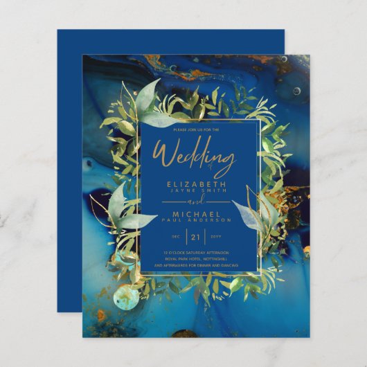 BUDGET Midnight Blue Gold Greenery Wedding Invites (Voorkant / Achterkant)