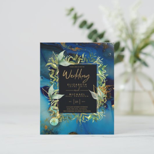 BUDGET Midnight Blue Gold Greenery Wedding Invites (Staand voorkant)