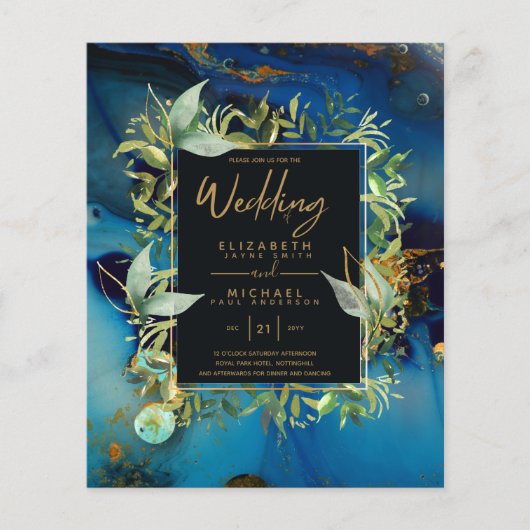 BUDGET Midnight Blue Gold Greenery Wedding Invites (Voorkant)
