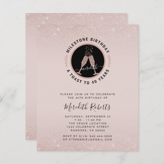 Budget Milestone 40th Birthday Champagne Invite (Voorkant / Achterkant)