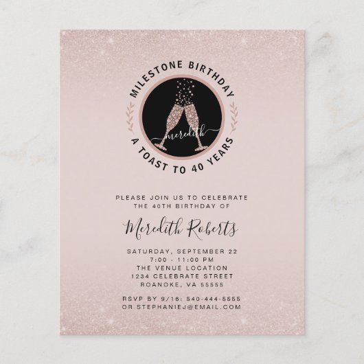 Budget Milestone 40th Birthday Champagne Invite (Voorkant)