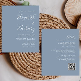 Budget Minimaal Stofblauw QR Code Trouw Uitnodigin