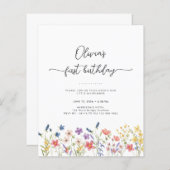 Budget Minimal Floral First Birthday Invitation (Voorkant / Achterkant)