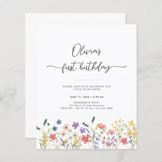 Budget Minimal Floral First Birthday Invitation (Voorkant / Achterkant)