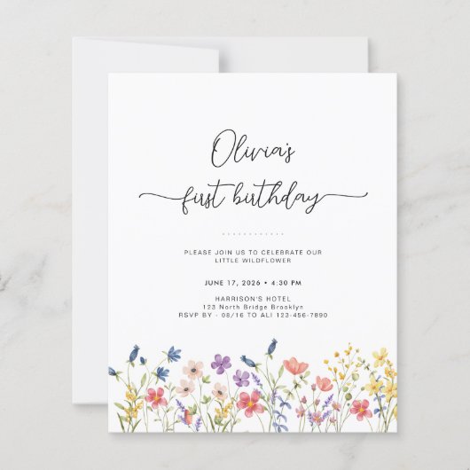 Budget Minimal Floral First Birthday Invitation (Voorkant)