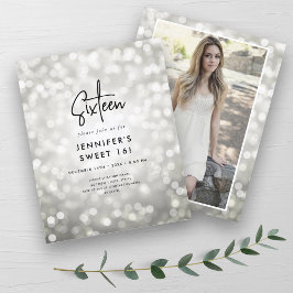 Budget Minimal Zilveren Glam Foto Sweet 16 Invite
