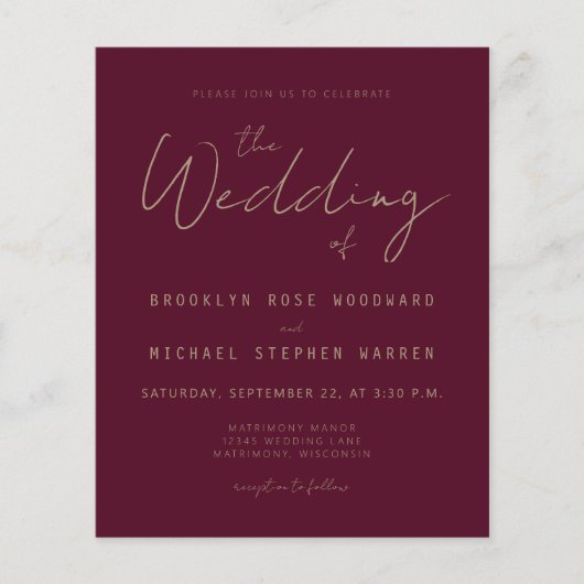 Budget Minimale Bourgogne Gold Script Wedding Invi (Voorkant)