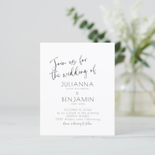 Budget Minimale Script Black White Wedding Invite (Staand voorkant)