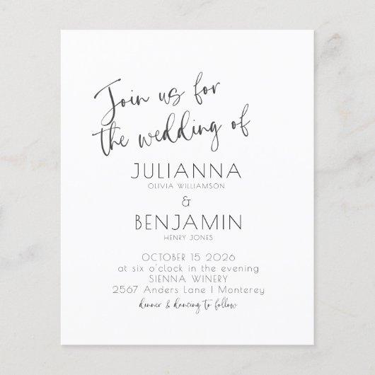 Budget Minimale Script Black White Wedding Invite (Voorkant)