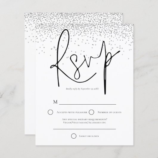 Budget Minimale Silver Glitter Wedding RSVP (Voorkant / Achterkant)