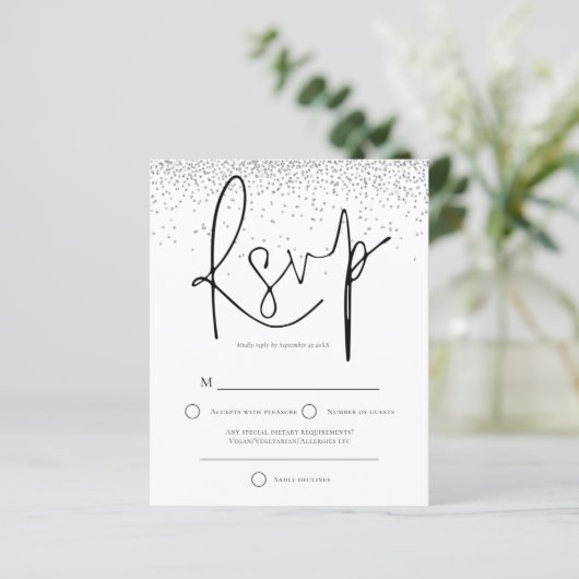 Budget Minimale Silver Glitter Wedding RSVP (Staand voorkant)