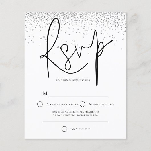 Budget Minimale Silver Glitter Wedding RSVP (Voorkant)