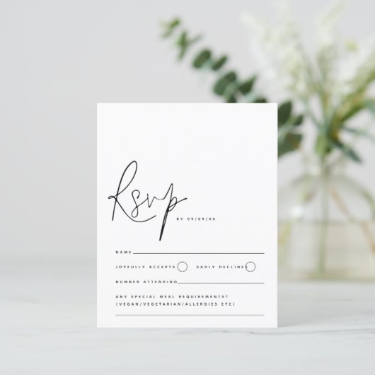 Budget minimalist Black White Script Weduwend RSVP (Staand voorkant)