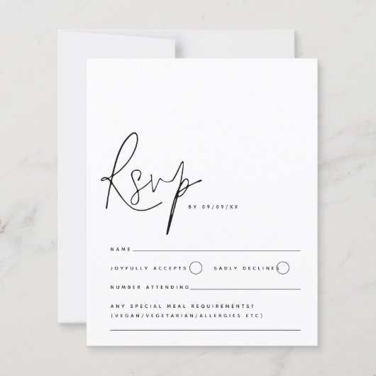 Budget minimalist Black White Script Weduwend RSVP (Voorkant)