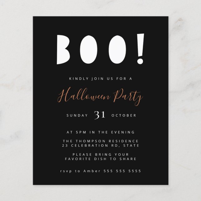 Budget minimalist Boo Halloween Black Party nodigt (Voorkant)