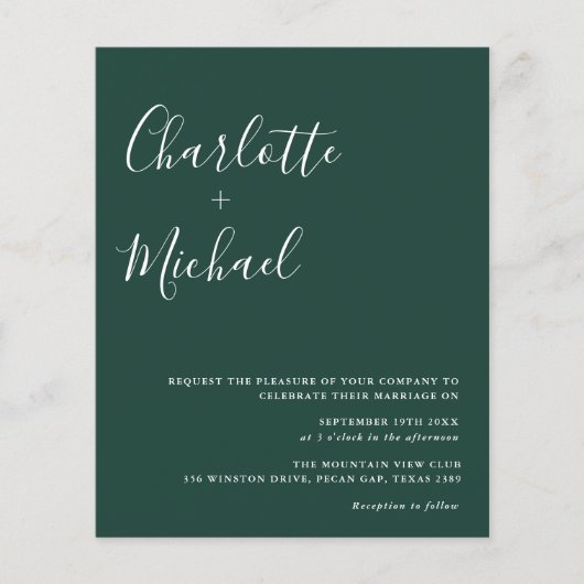 Budget minimalist Emerald Green Wedding Uitnodigin (Voorkant)