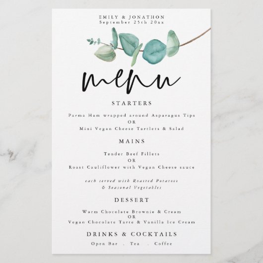 Budget minimalist Eucalyptus Weddenschap Menu (Voorkant)