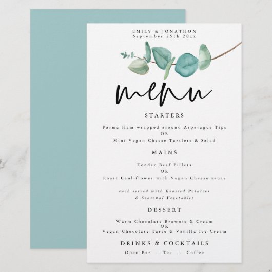 Budget minimalist Eucalyptus Weddenschap Menu (Voorkant / Achterkant)