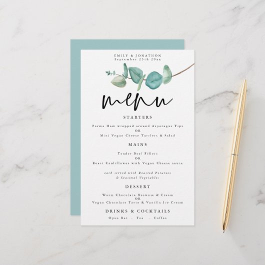 Budget minimalist Eucalyptus Weddenschap Menu (Voorkant / Achterkant in situ)